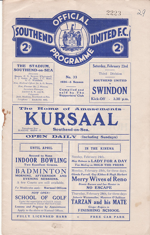<b>Saturday, February 23, 1935</b><br />vs. Southend United (Away)